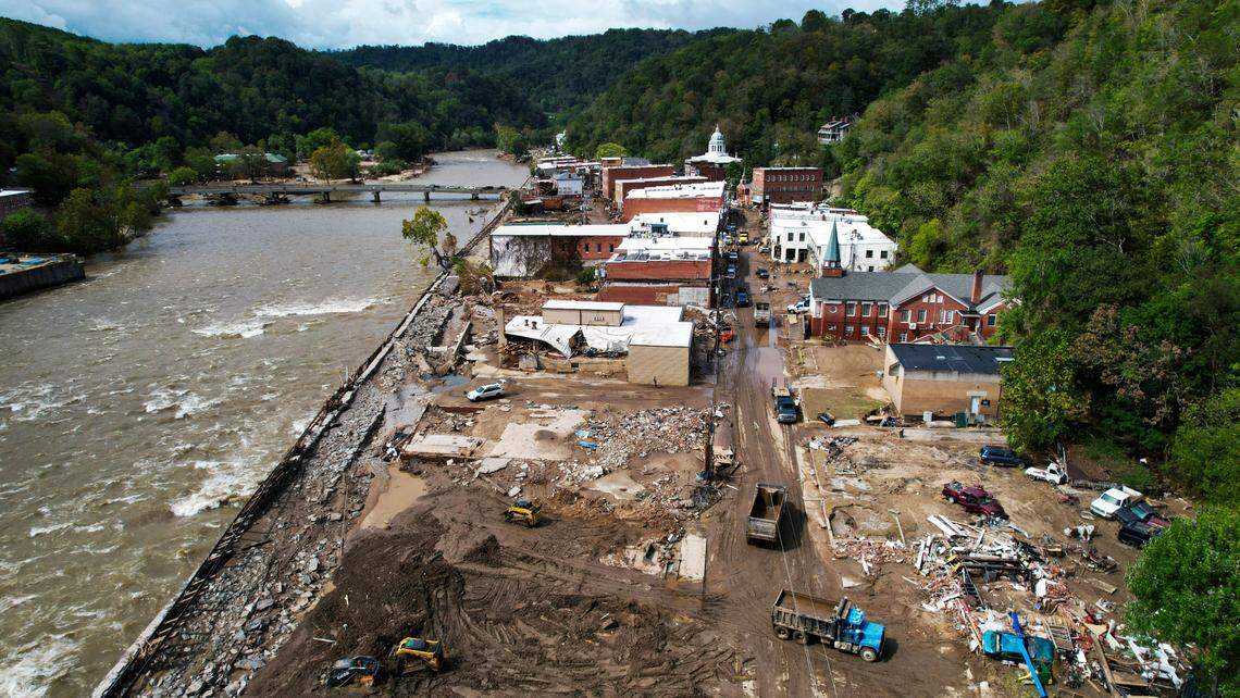 An aerial view of downtown Marshall on Tuesday, Oct. 1, 2024 after the French Broad River caused catastrophic flooding. The remnants of Hurricane Helene caused widespread flooding, downed trees, and power outages in western North Carolina.