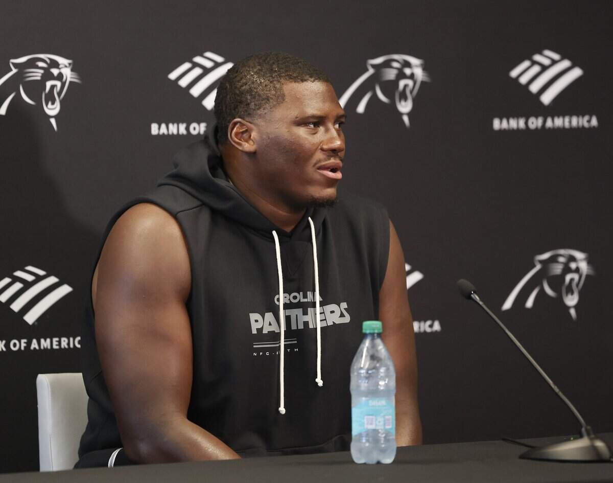Carolina Panthers defensive tackle Derrick Brown speaks with reporters at a news conference on Wednesday, July 22, 2026, at Bank of America Stadium in Charlotte.