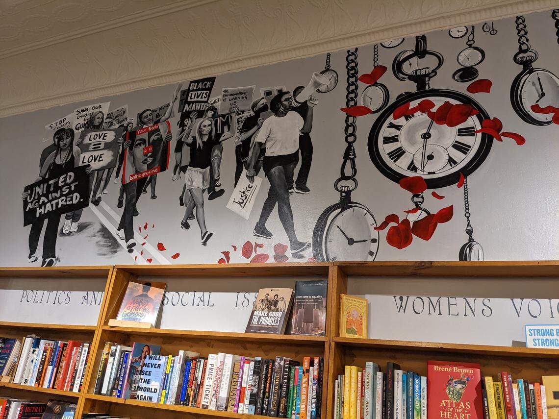 This is a portion of the social justice mural at South Main Book Company in Salisbury, NC.
