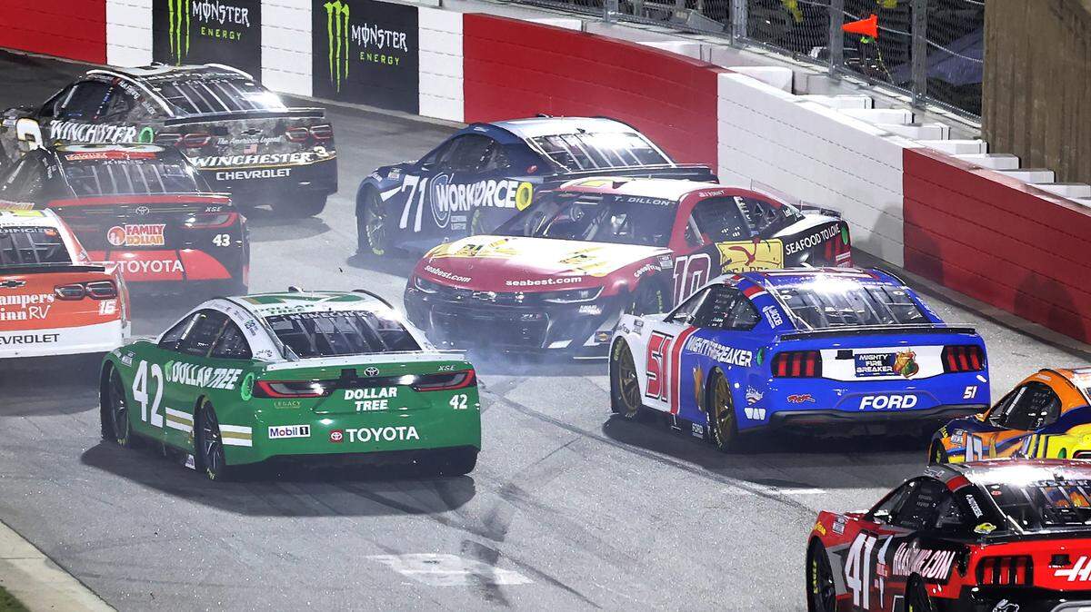NASCAR Cup Series driver Ty Dillon loses control of his car in the backstretch during the NASCAR Cup Series Last Chance Race at Bowman Gray Stadium in Winston-Salem, NC on Sunday, February 2, 2025. Driver Kyle Larson won the race.