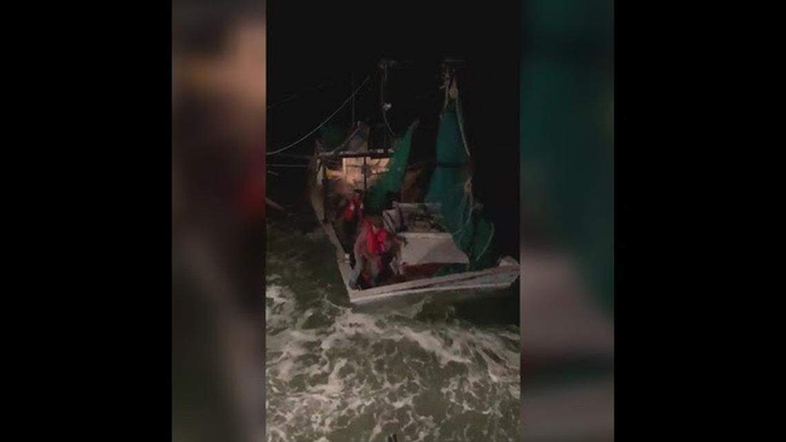 A U.S. Coast Guard lifeboat crew rescued two fishermen as their commercial fishing boat sank in the Pamlico Sound Thursday, Nov. 17, 2022.