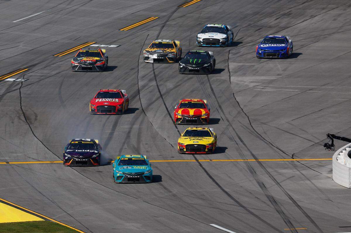 NASCAR Cup Series driver Denny Hamlin (11) enters pit lane during the YellaWood 500 at Talladega Superspeedway.