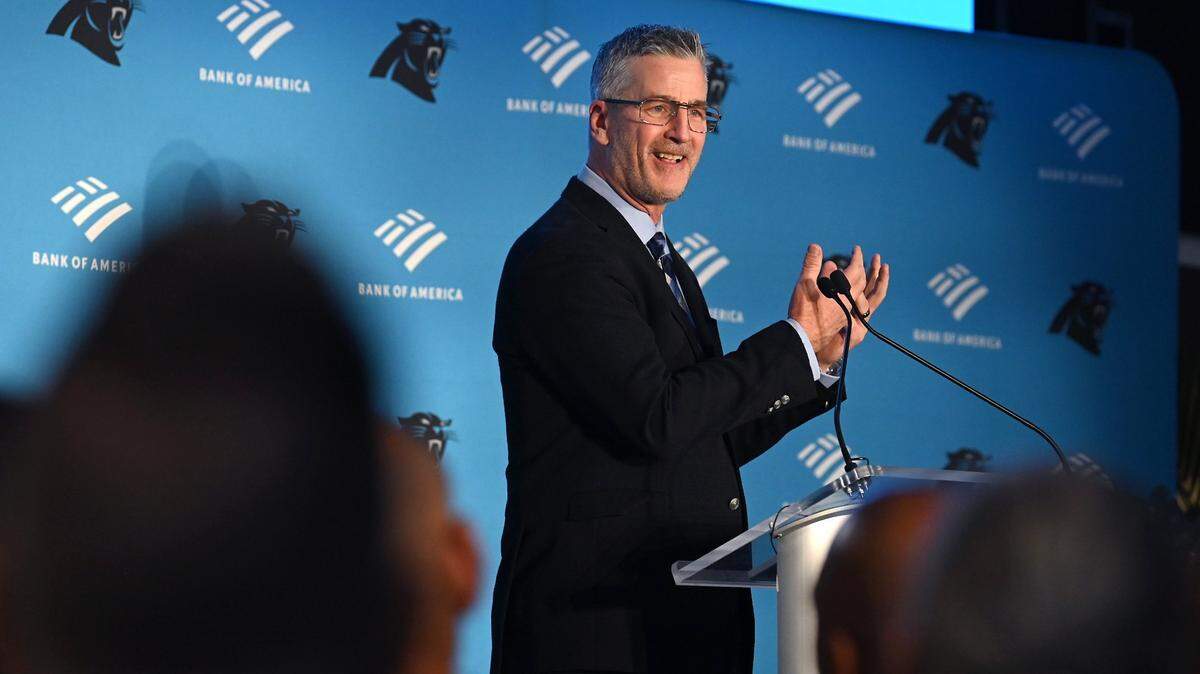 New Carolina Panthers head coach Frank Reich speaks during his introductory press conference at Bank of America Stadium on Tuesday, January 31, 2023.