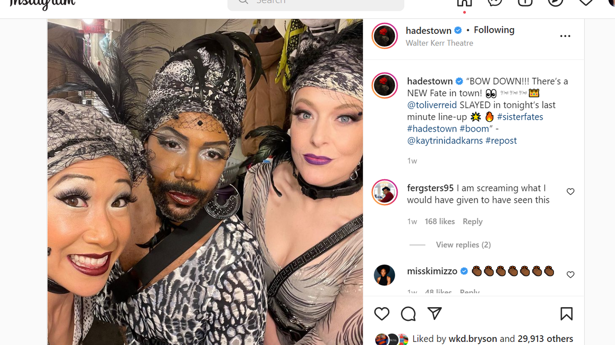 Gastonia native T. Oliver Reid, a dance captain and swing in “Hadestown,” was a last-minute replacement for ne of the three female Fates, ensuring that the March 9 show would go on.