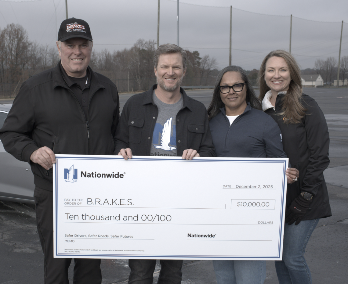 Nationwide recently presented a $10,000 check to the advanced defensive driving program B.R.A.K.E.S. From left to right: BRAKES founder Doug Herbert , NASCAR hall of famer Dale Earnhardt Jr. , Nationwide territory manager Pamela King and insurance executive Katy Ringeman.