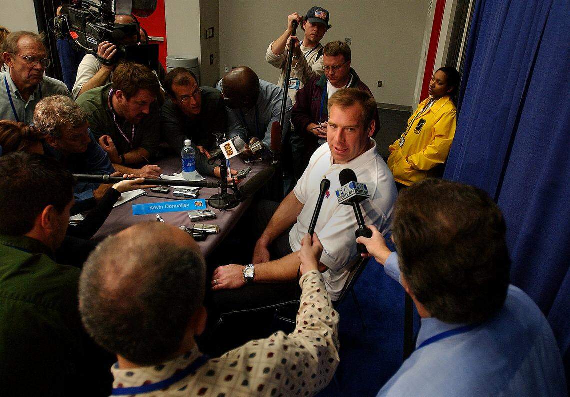 Former Carolina Panthers guard Kevin Donnalley talks with the media during a question and answer session at the George R. Brown Convention Center in Houston, TX. Monday. JEFF SINER/STAFF