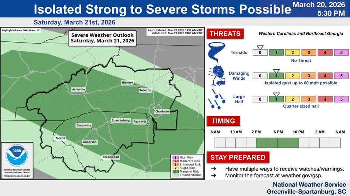 Severe storms, large hail threaten Charlotte, Upstate SC and mountains, NWS says