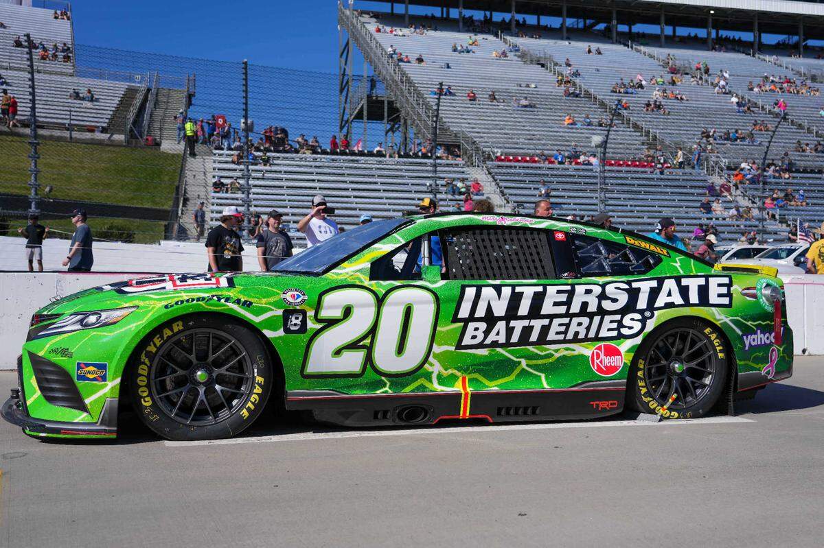 Oct 29, 2023; Martinsville, Virginia, USA; NASCAR Cup Series driver Christopher Bell (20) car prior to the NASCAR Xfinity 500 at Martinsville Speedway. Mandatory Credit: David Yeazell-USA TODAY Sports