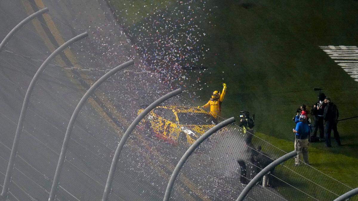 Michael McDowell celebrates after winning the NASCAR Daytona 500 auto race at Daytona International Speedway, Monday, Feb. 15, 2021, in Daytona Beach, Fla. (AP Photo/Chris O’Meara)
