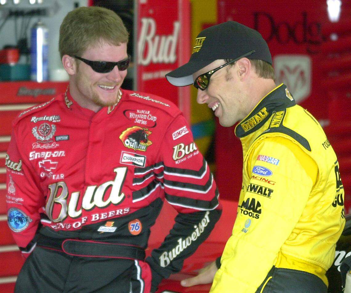 2/24/01 Drivers (L-R) Dale Earnhardt Jr. and Matt Kenseth joke around in the Winston Cup garage at North Carolina Speedway Saturday afternoon prior to the final NWC Practice. JEFF SINER/STAFF