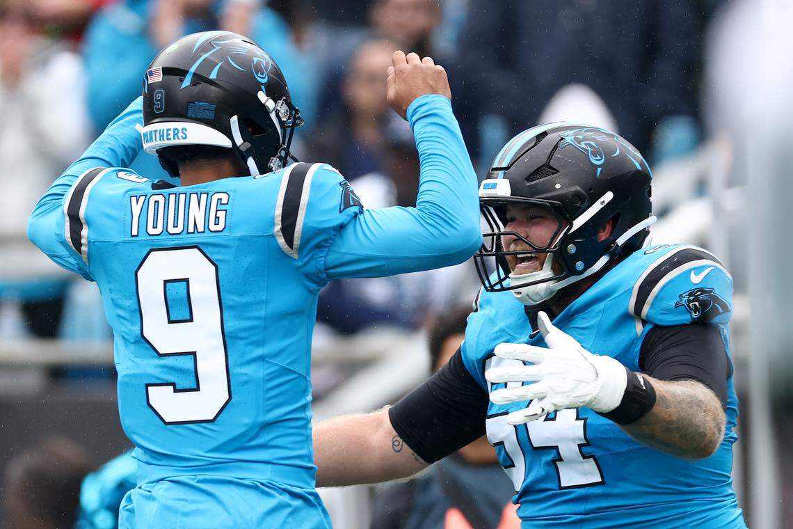 Carolina Panthers quarterback Bryce Young (left) and center Cade Mays (right) after a touchdown pass during the second quarter of the NFL 2025 game against the Dallas Cowboys at Bank of America Stadium on October 12, 2025 in Charlotte, North Carolina. (Photo by Jared C. Tilton/Getty Images)