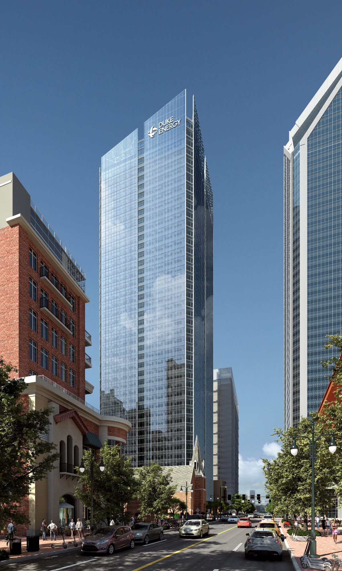 A rendering shows the Duke Energy letters atop its new headquarters building in uptown. The 40-story tower has been under construction since 2019.