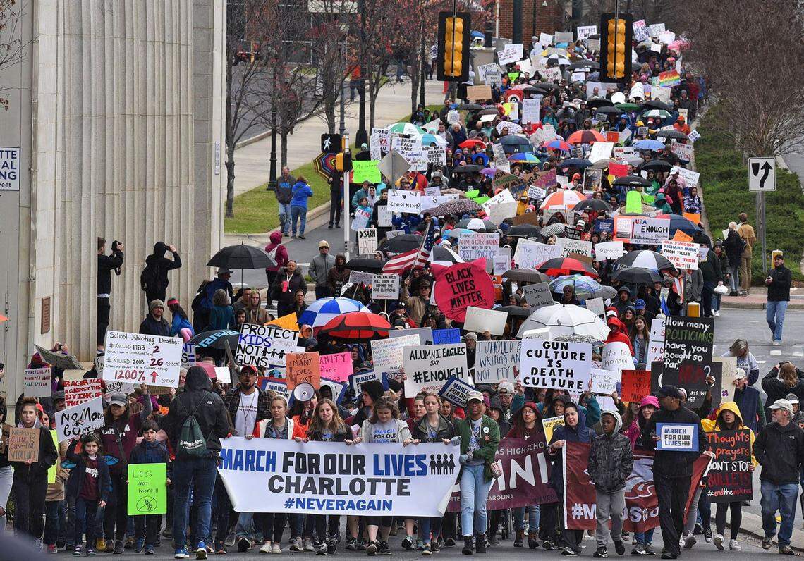 Huge crowds march up Caldwell Street in Charlotte, NC, on March 24, 2018, during March For Our Lives, a student-led rally against gun violence that’s part of a national and global movement. Another march is planned in Charlotte for Sunday, June 12, 2022.