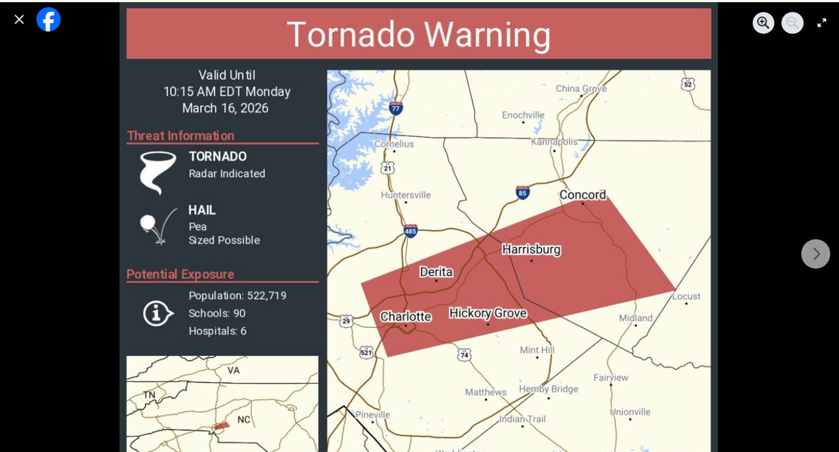 A Tornado Warning is in place for the Charlotte region until 10:15 a.m. Monday due to a front of severe thunderstorms, the National Weather Service says. Tornado Warnings mean a threat was indicated on radar, forecasters say.