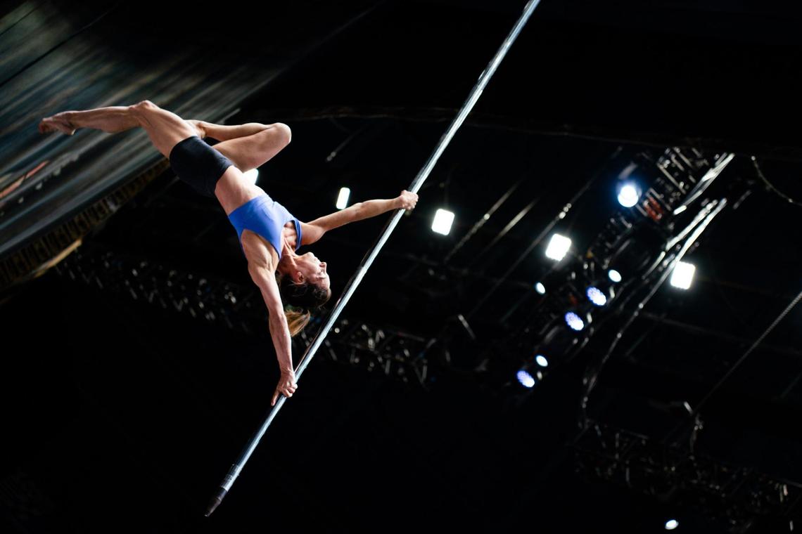 Stephanie Waltman-Ortega rehearses her performance at Cirque Du Soleil’s CORTEO show on August 1, 2024 at the Bojangles Coliseum.