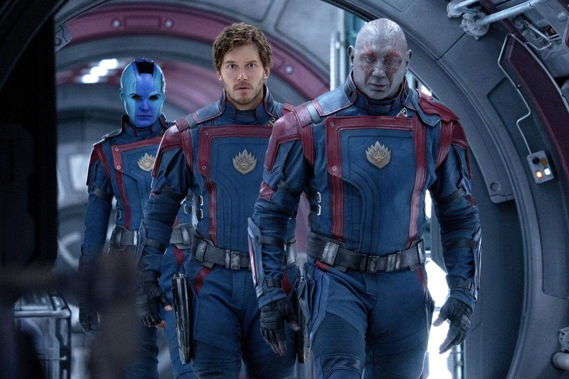 From left, Karen Gillan as Nebula, Chris Pratt as Peter Quill/Star-Lord, and Dave Bautista as Drax in Marvel Studios’ ”Guardians of the Galaxy Vol. 3”. The first “Guardians” was a big step in the formation of the MCU, according to Gavin Edwards.