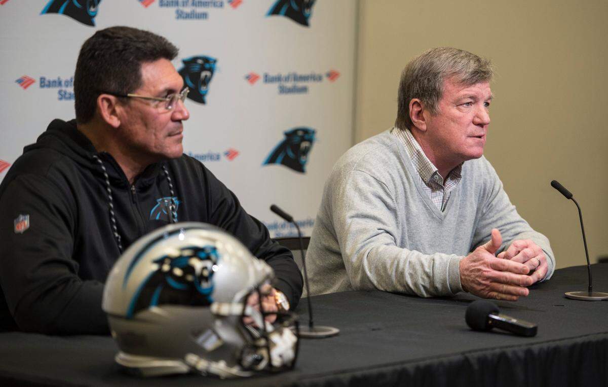 Panthers head coach Ron Rivera, left, is entering his eighth season and perhaps his toughest to date.