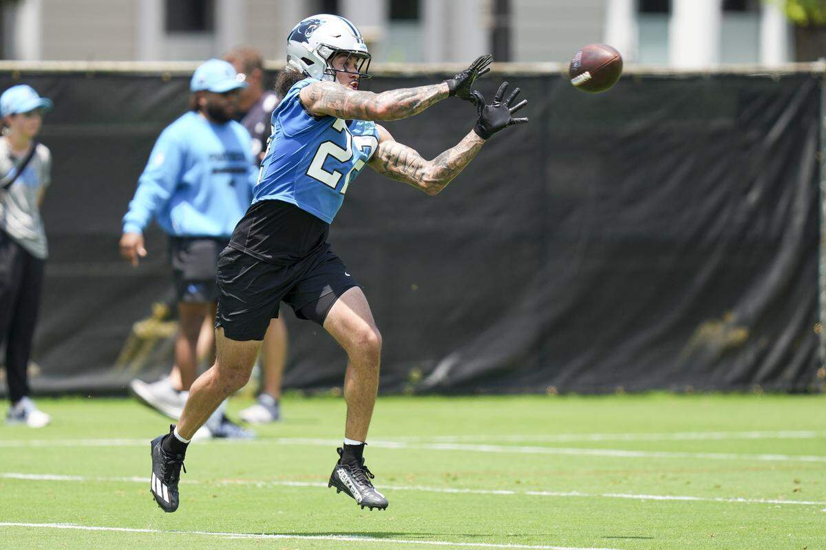 Jun 11, 2025; Charlotte, NC, USA; Carolina Panthers safety Lathan Ransom (22) makes a catch during minicamp at Bank of America Stadium. Mandatory Credit: Jim Dedmon-Imagn Images