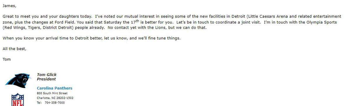An email from Carolina Panthers President Tom Glick to Councilman Mitchell discussing an upcoming trip to Detroit.