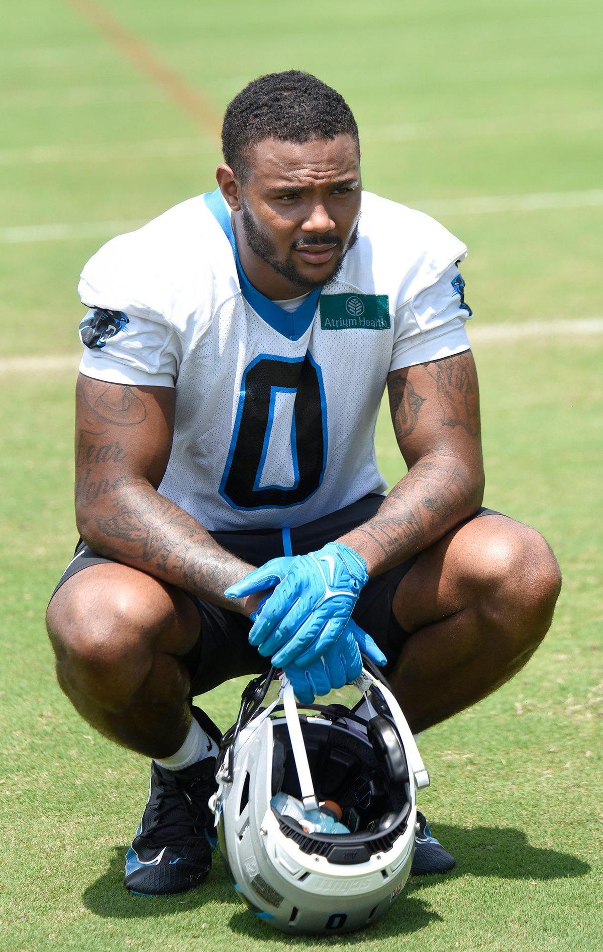 Ja’Tavion Sanders, a second-year Panthers tight end, pauses after practice. The Carolina Panthers, in their second week of organized team activities, ran through drills on June 3 at their practice facility in uptown Charlotte.