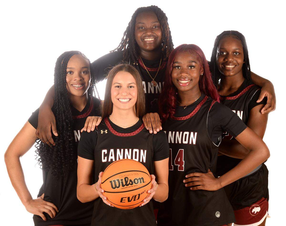 The Cannon School girls team is the Sweet 16 preseason No. 1 girls team in the area. (L-R) Maya McCorkle, Brooke Busby, Jakaila Gaskin, Madison Drayton and Jaiden Thompson on Wednesday, October 23, 2024.