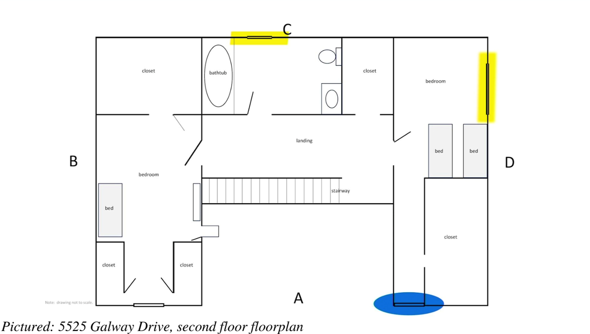 Charlotte-Mecklenburg police provided this diagram of the upper level of the home at 5525 Galway Drive, where a man fired on officers April 29 after they arrived to arrest him on pending warrants.