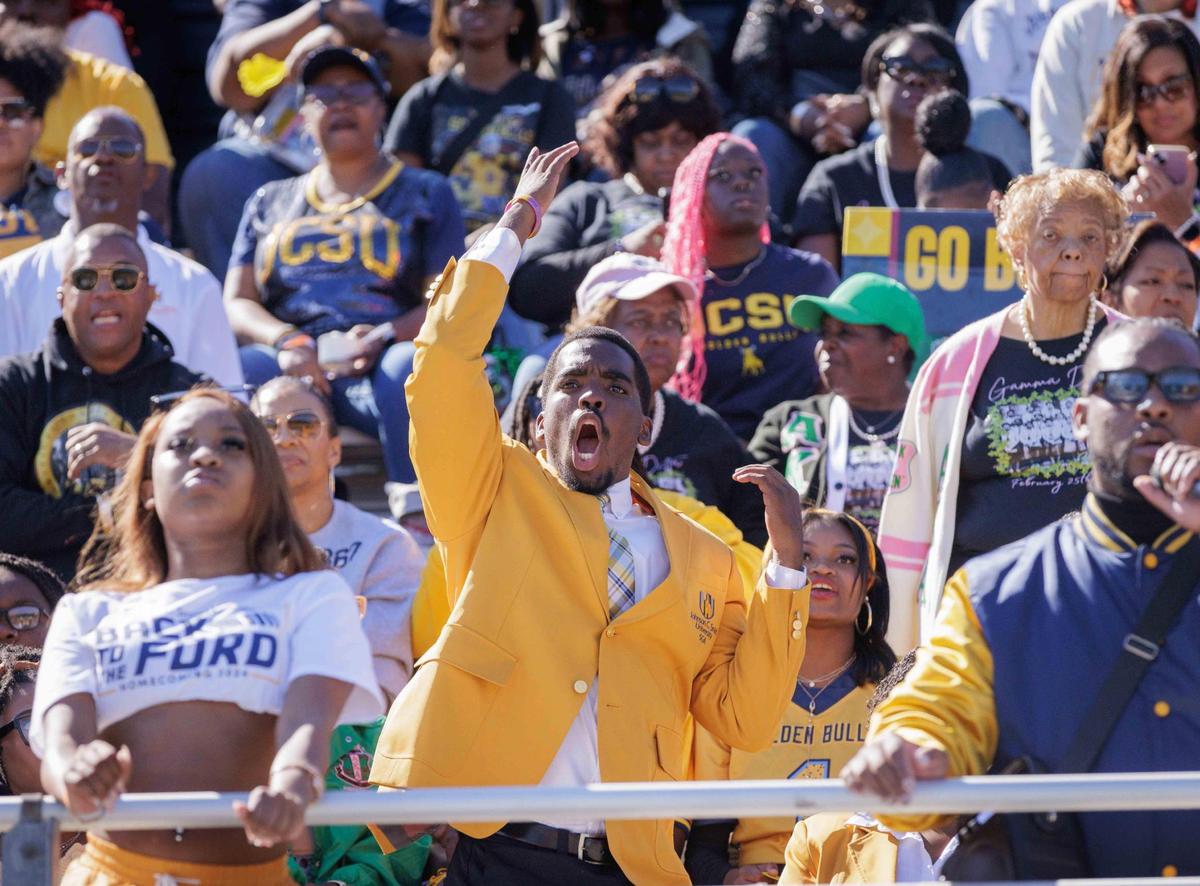 Fans celebrate as the Bulls go to 7-0 as they defeat Shaw University 21-14 Saturday October 19, 2024.
