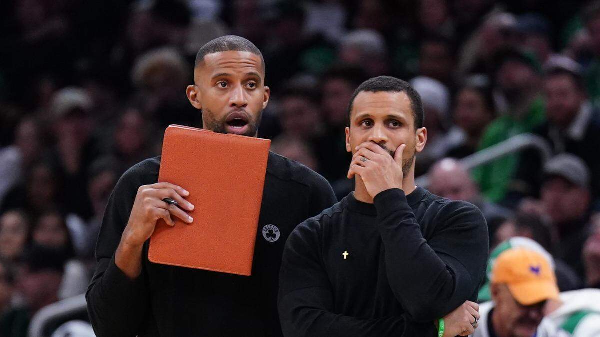 Boston Celtics assistant coach Charles Lee, left, with Boston head coach Joe Mazzulla in December. Lee was named the Charlotte Hornets’ new coach on May 9, 2024.