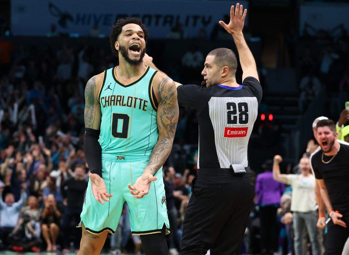 Charlotte Hornets forward Miles Bridges celebrates his three-point basket in the closing moments of action against the San Antonio Spurs at Spectrum Center in Charlotte, NC on Friday, February 7, 2025. The basket gave the Hornets a 117-116 victory.