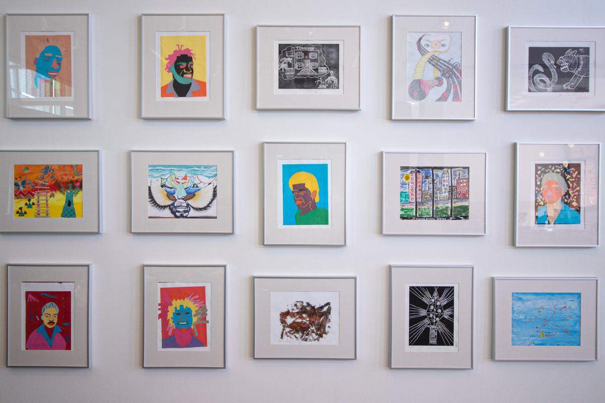 Art by students in the Bechtler Museum’s Jail Arts Initiative program is displayed near the museum’s front entrance. Jail Arts participants who donate their art to the museum are encouraged to visit once they’re released.