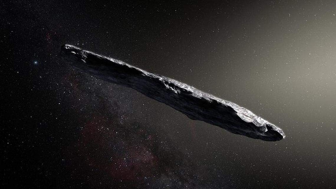 This artist’s impression shows the first interstellar asteroid: `Oumuamua.’ This unique object was discovered on Oct. 19, 2017 by the Pan-STARRS 1 telescope in Hawaii. Subsequent observations from ESO’s Very Large Telescope in Chile and other observatories around the world show that it was traveling through space for millions of years before its chance encounter with our star system. Oumuamua seems to be a dark red highly-elongated metallic or rocky object, about 400 metres long, and is unlike anything normally found in the Solar System.