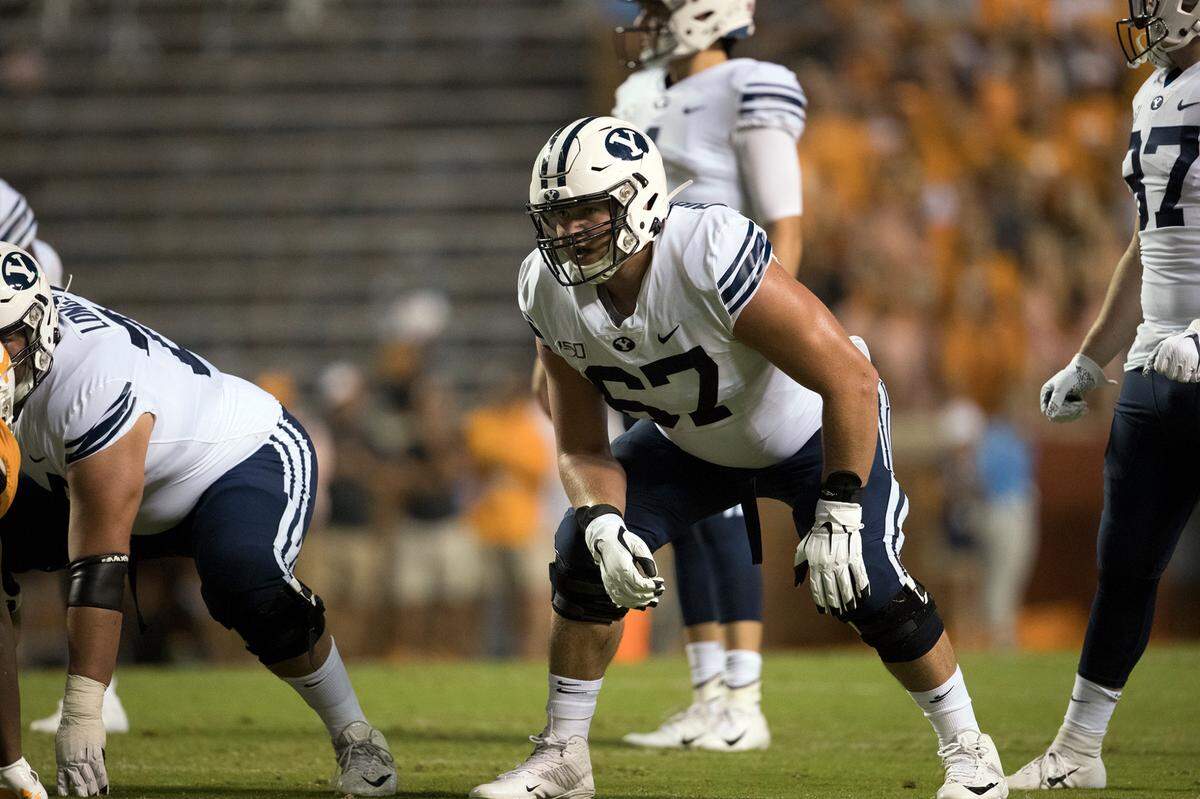 BYU offensive tackle Brady Christensen was chosen by the Panthers in the third round. At 24, he is older than his new quarterback Sam Darnold (23).