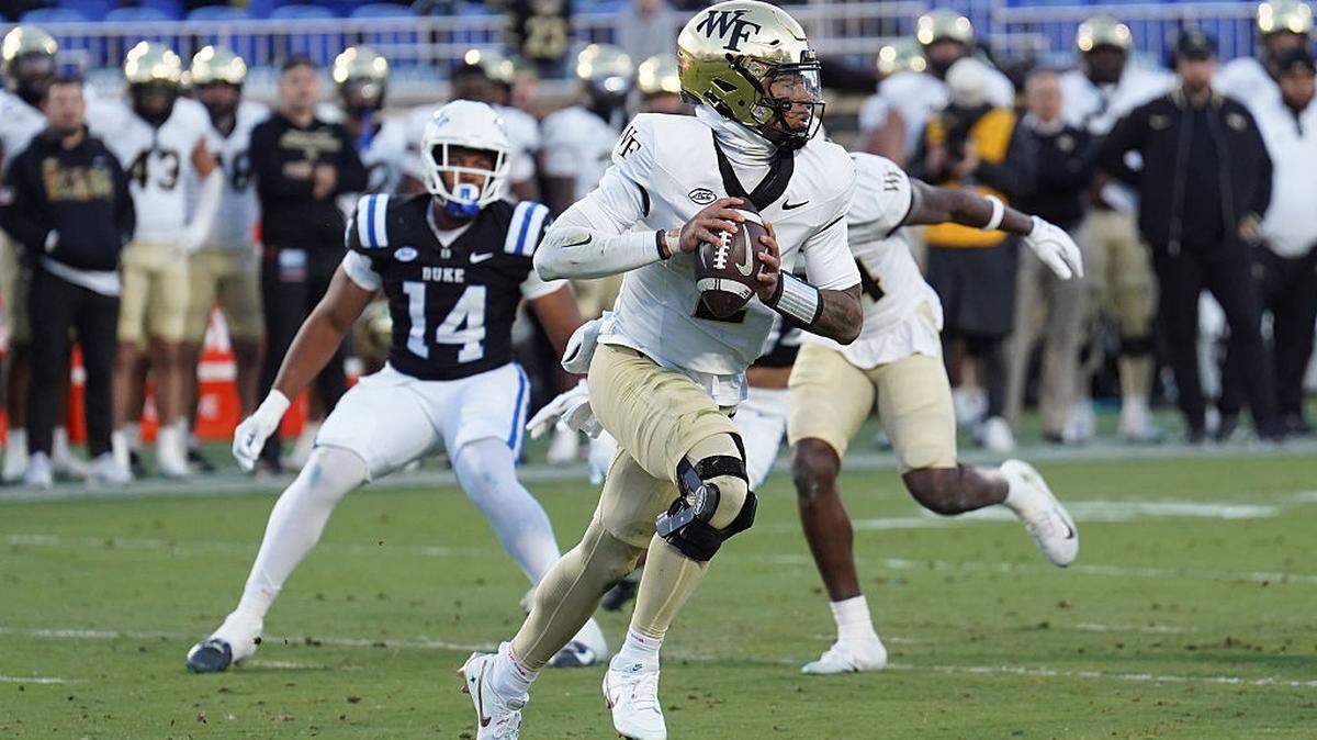 DURHAM, NORTH CAROLINA - NOVEMBER 29: Quarterback Robby Ashford #2 of the Wake Forest Demon Deacons looks to pass during the first half of the game against the Duke Blue Devils at Wallace Wade Stadium on November 29, 2025 in Durham, North Carolina. (Photo by Alex Halloway/Getty Images)