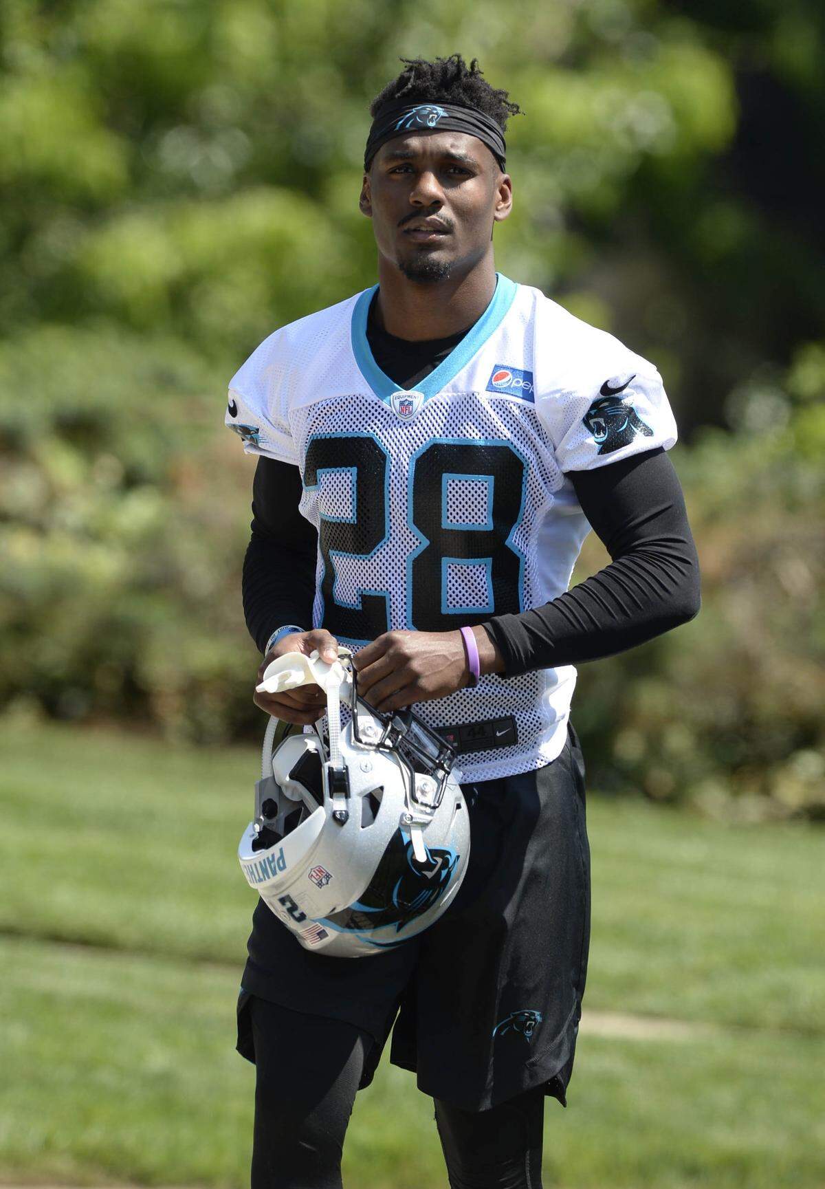 Carolina Panthers Rashaan Gaulden (28) heads tp the practice field during Day 1 of the Carolina Panthers' rookie mini camp on Friday, May 11, 2018.