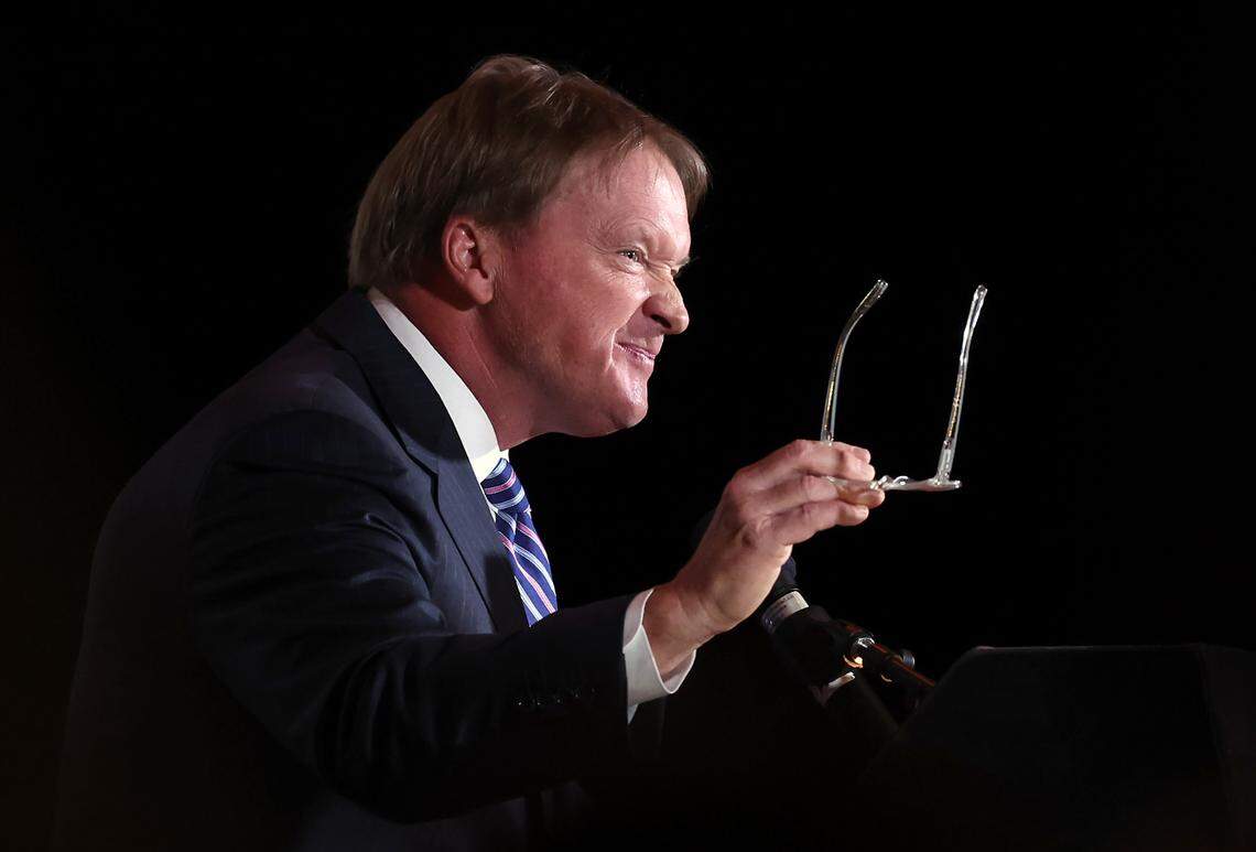 Former NFL head coach Jon Gruden speaks to members of the Charlotte Touchdown Club on Thursday, August 1, 2024. Gruden won a Super Bowl with the Tampa Bay Buccaneers and later was an analyst on ESPN’s Monday Night Football broadcast.