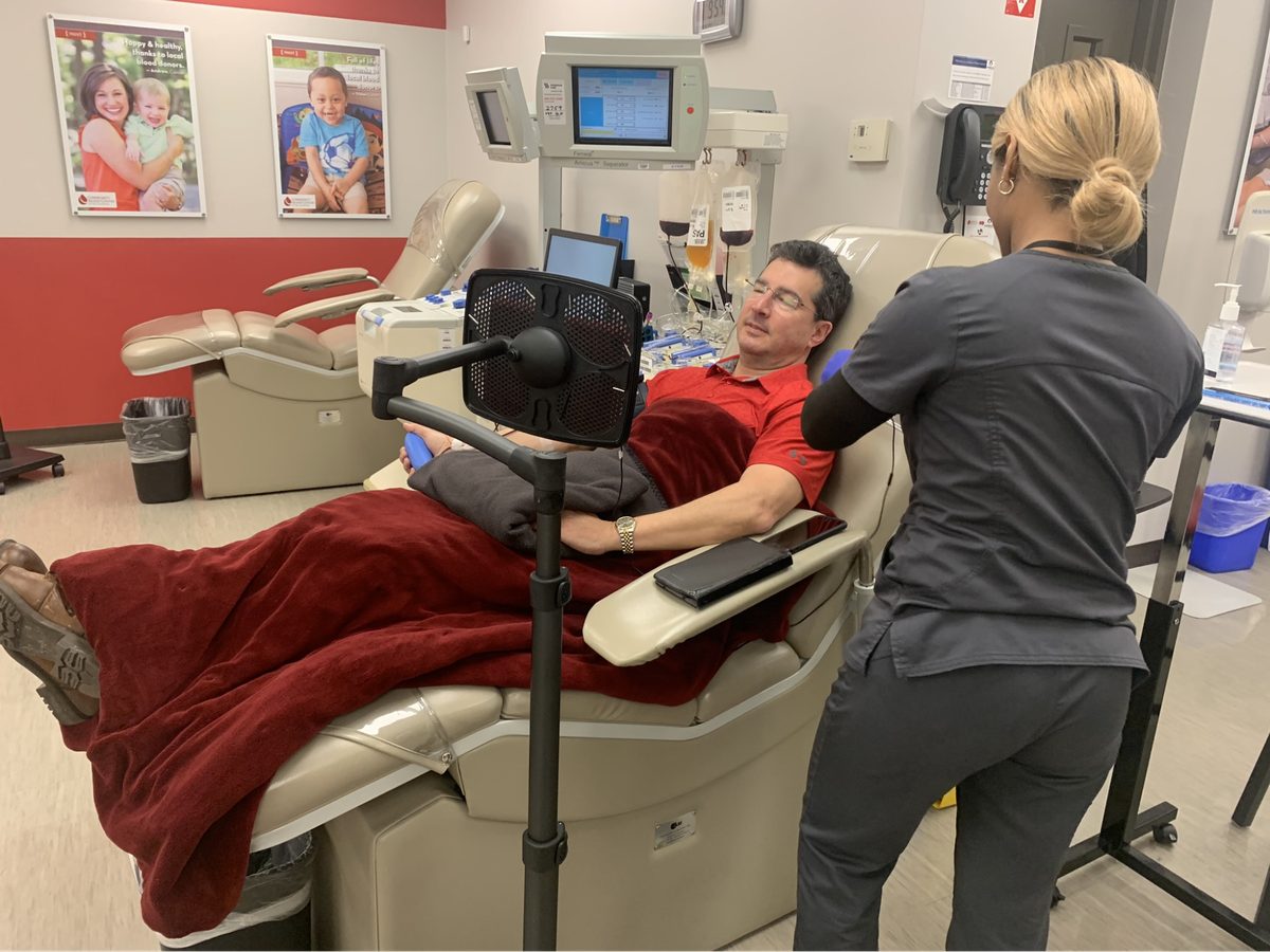 John Reis spent two hours Friday donating platelets at One Blood on South Boulevard. He said now is the time to “step it up.”