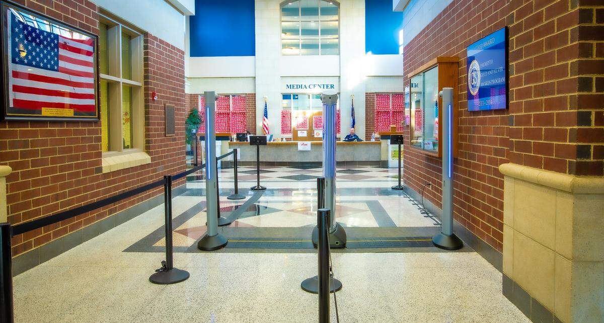 Body scanners are seen at Dorman High School in Spartanburg, S.C. CMS officials consulted the Spartanburg district before implementing their own scanners.