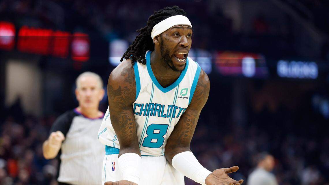 Charlotte Hornets’ Montrezl Harrell reacts to a call during the first half of an NBA basketball game against the Cleveland Cavaliers, Wednesday, March 2, 2022, in Cleveland. (AP Photo/Ron Schwane)