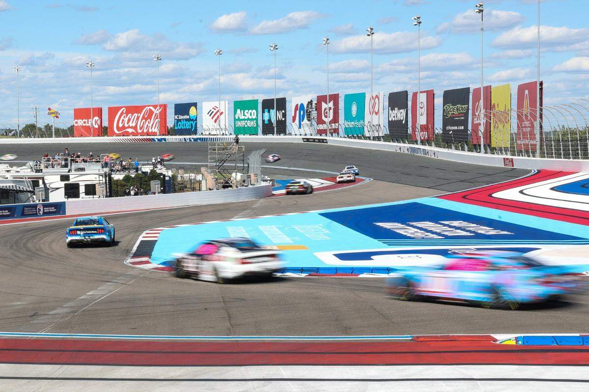 Cars fly through the Turn 11 into Turn 12 during the Bank of America 400 at the Charlotte Roval on Sunday, October 8, 2023 in Charlotte, NC.