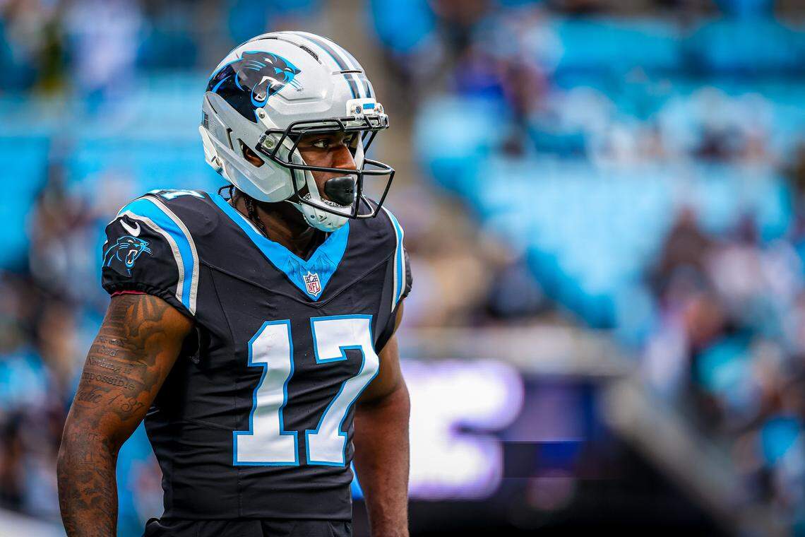 Carolina Panthers wide receiver Xavier Legette warms up before the NFC wild-card playoff game against the Los Angeles Rams at Bank of America Stadium on Jan. 10, 2026 in Charlotte, North Carolina. 