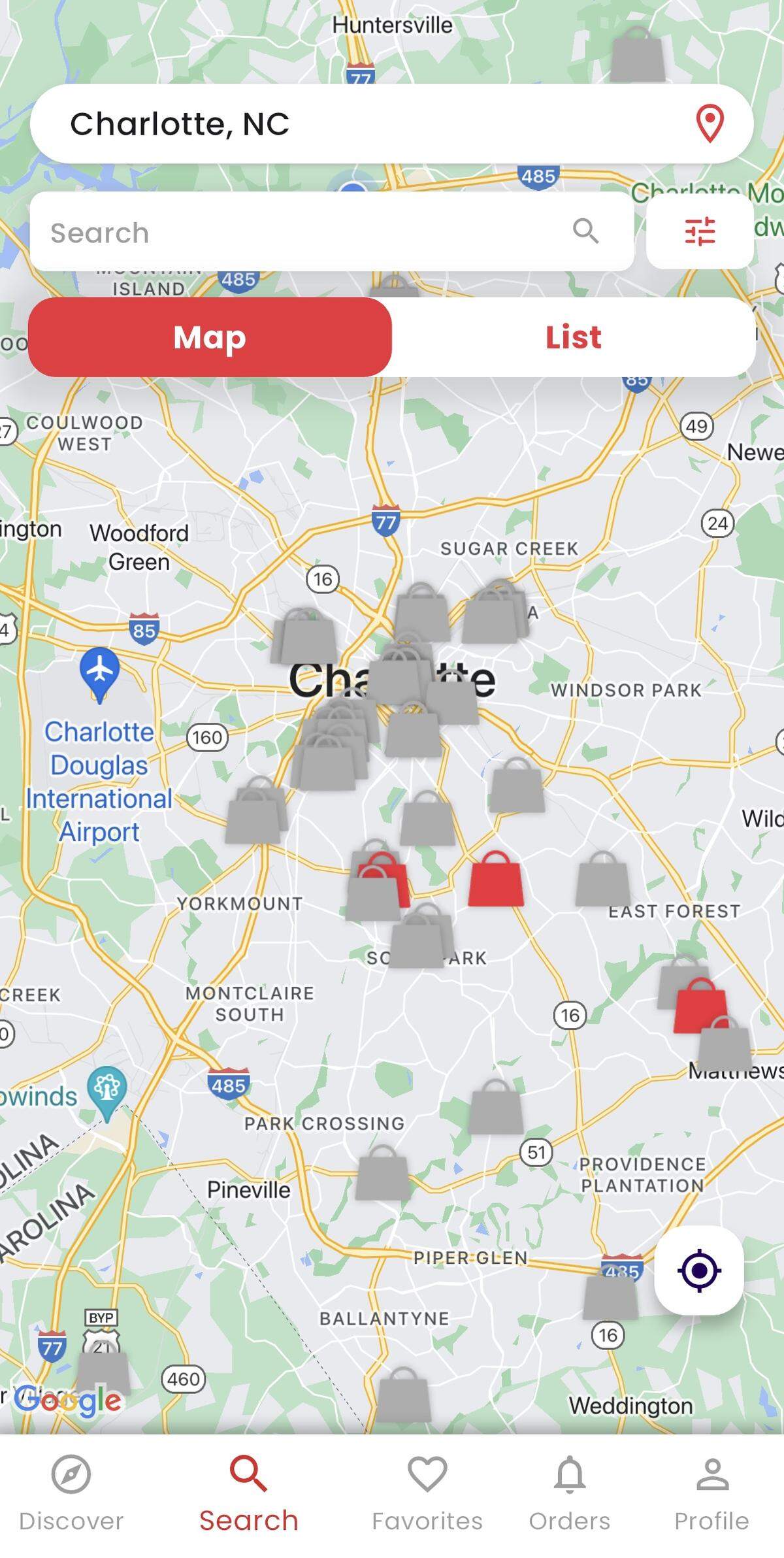 A map of participating restaurants in Charlotte that are available on the Goodie Bag platform.