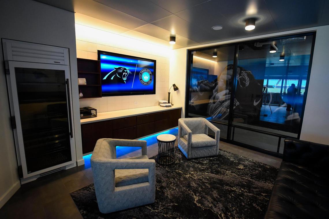 One of the 12 new private suites located inside the The Gallery at Bank of America Stadium in Charlotte, N.C. Monday, Feb. 7, 2022. Suites in the gallery ate located along the west end zone. The gallery will offer guests to the stadium an all inclusive food and bar package.