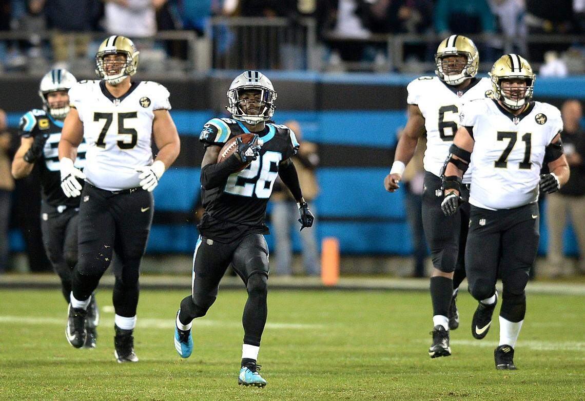 Carolina Panthers cornerback Donte Jackson had a rare “pick two” against New Orleans in 2018, scoring after he intercepted Drew Brees’ two-point conversion attempt.