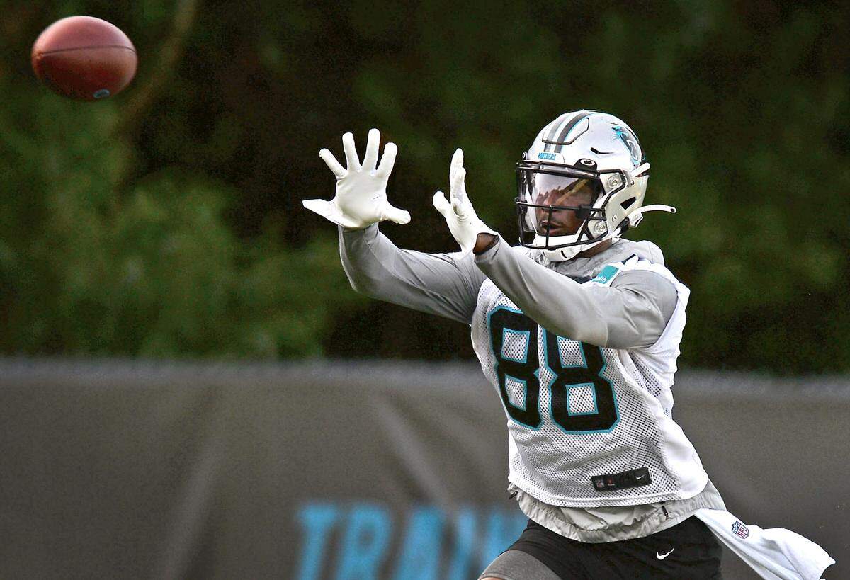 Carolina Panthers wide receiver Terrace Marshall Jr. reaches out to catch a pass during practice at Wofford College in Spartanburg, SC on Wednesday, July 28, 2021.