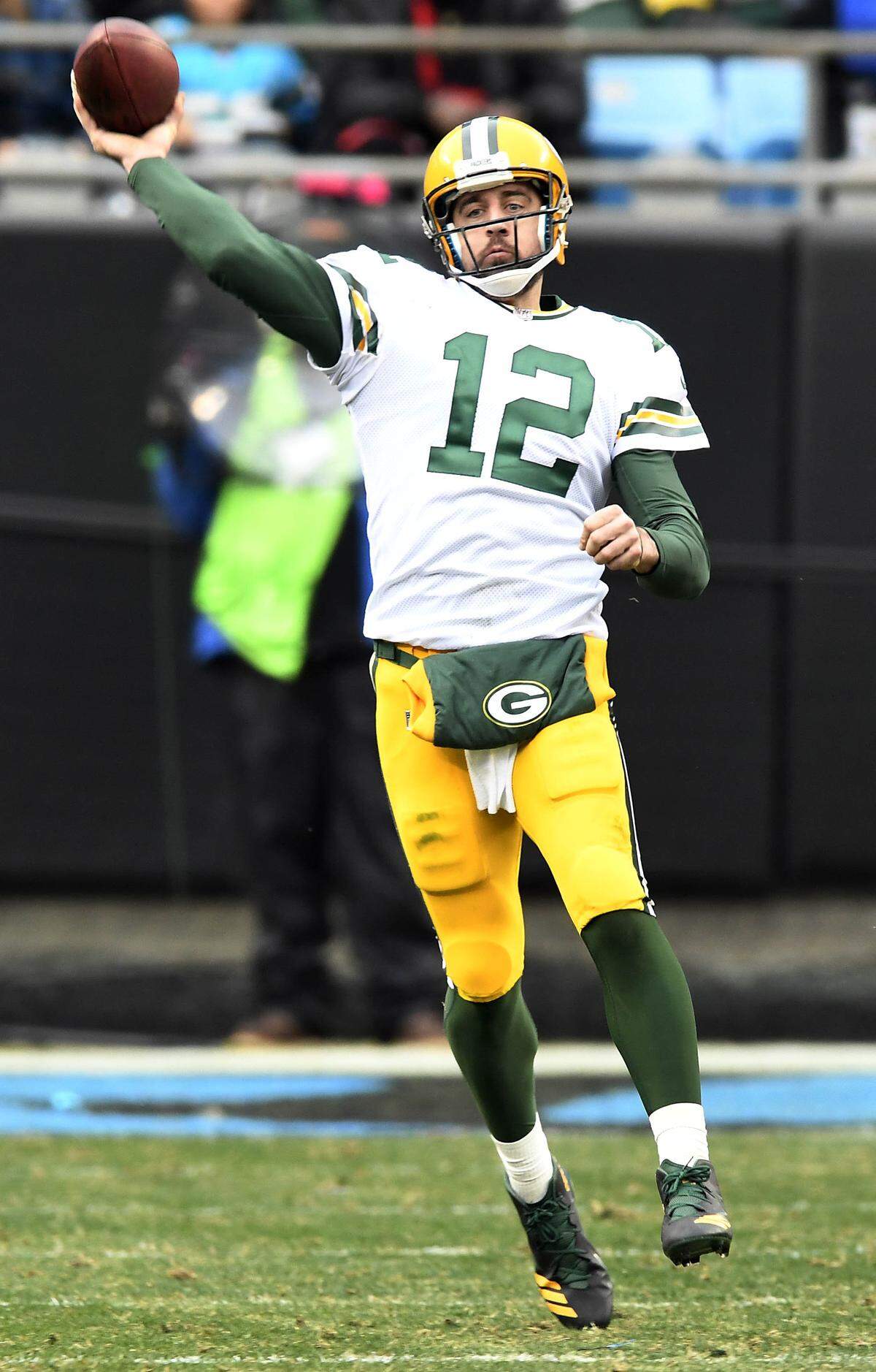 Green Bay Packers quarterback Aaron Rodgers (12) throws downfield against Carolina in 2017. Rodgers has the Packers at 7-2 in 2019, although Green Bay lost Sunday to the L.A. Chargers.