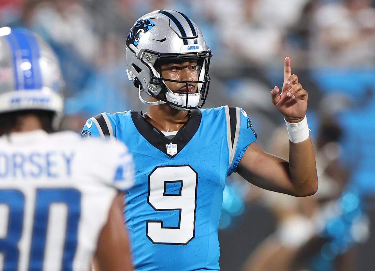 Carolina Panthers quarterback Bryce Young looks to the sideline as he calls a play during first quarter action against the Detroit Lions on Friday, August 25, 2023 at Bank of America Stadium in Charlotte, NC.
