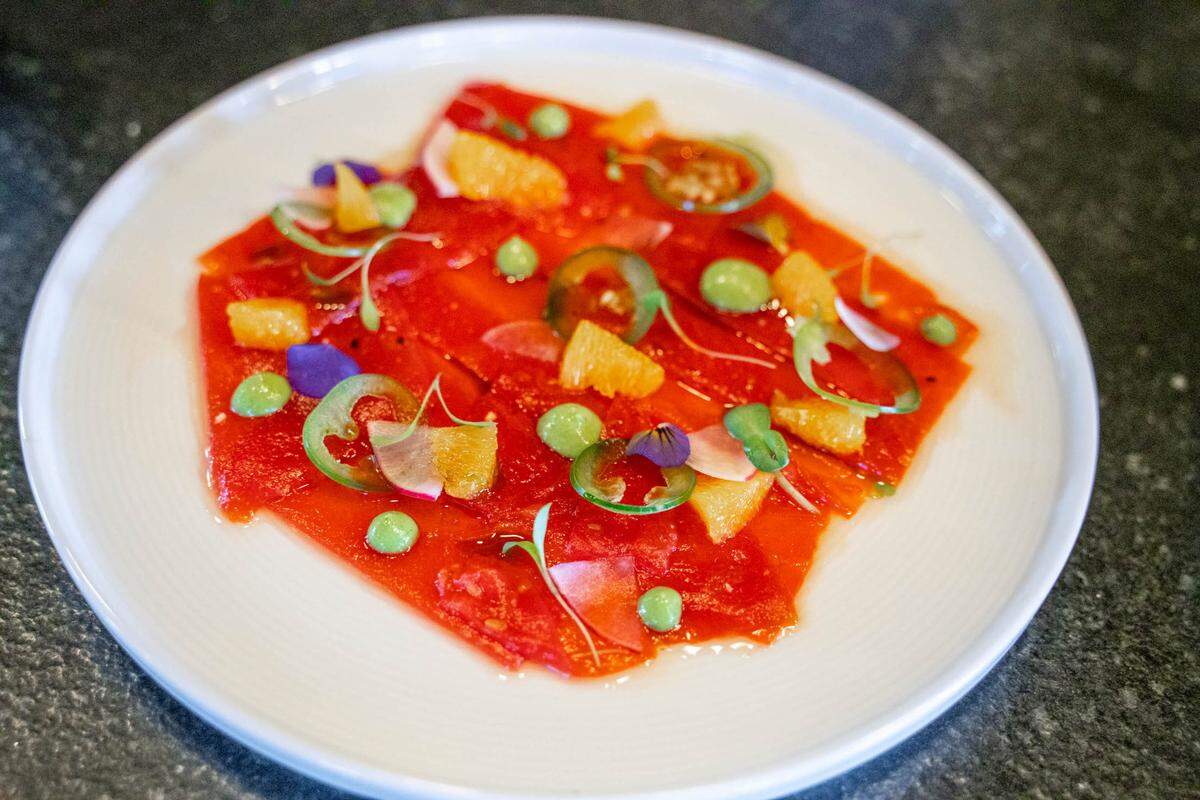 PARA’S “Tuna” Crudo, with watermelon, jalepeño, oranges and radishes.