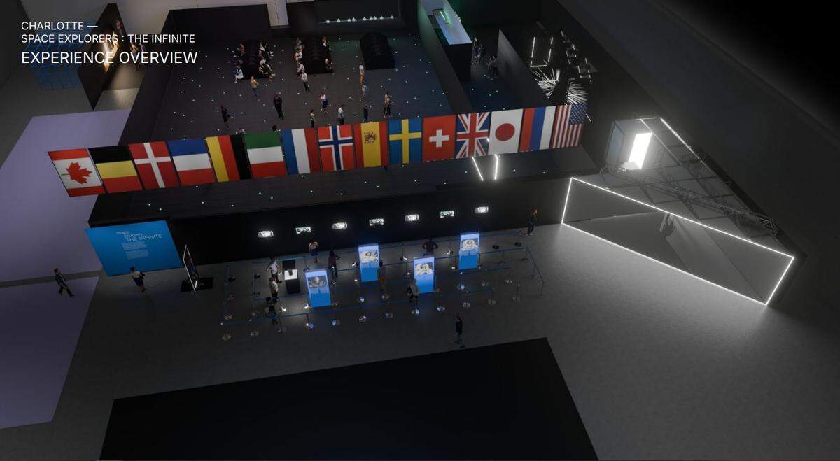 “Space Explorers: The Infinite” is a virtual reality experience that will open with the debut of Blumenthal Arts’ entertainment venue Blume Studios in Charlotte. The International Space Station is a collaboration of 15 countries, represented in the exhibition by their flags.