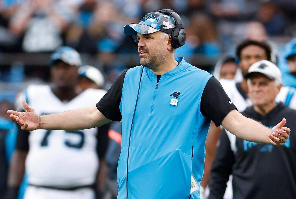 Carolina Panthers head coach Matt Rhule reacts to a call during a game against the Arizona Cardinals at Bank of America Stadium in Charlotte, N.C., Sunday, Oct. 2, 2022.