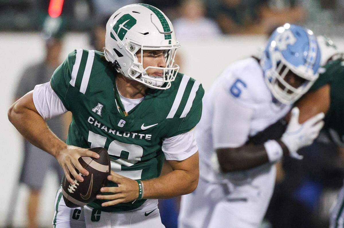 Charlotte quarterback Grayson Loftis looks for a pass during the game against UNC at Jerry Richardson Stadium in Charlotte on Saturday, September 6, 2025. UNC defeated Charlotte, who did not score a single touchdown, 20-3.